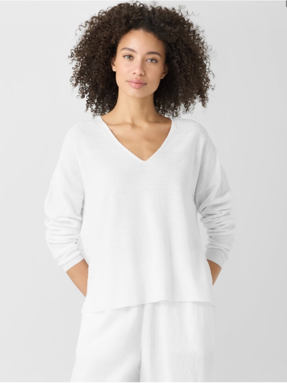Eileen Fisher White Sweater White Linen Cotton Blend V-Neck Pullover NWT L